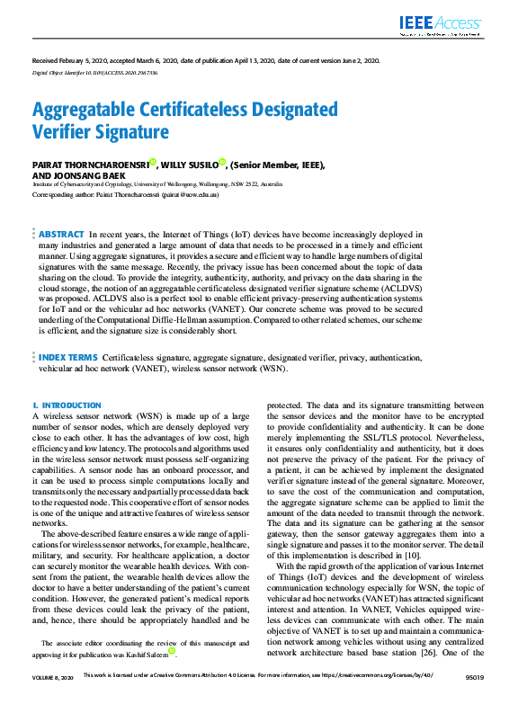 (PDF) Aggregatable Certificateless Designated Verifier Signature