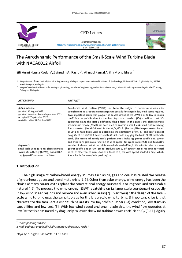 (PDF) The Aerodynamic Performance of the Small-Scale Wind Turbine Blade ...