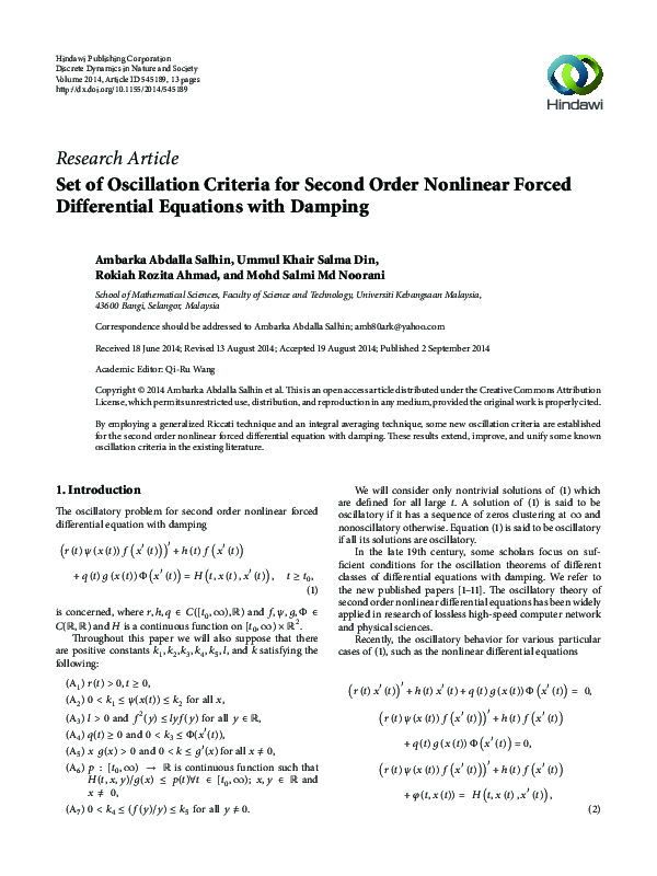 (PDF) Set of Oscillation Criteria for Second Order Nonlinear Forced ...