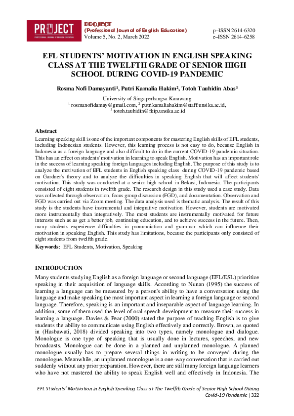 (PDF) Efl Students’ Motivation in English Speaking Class at the Twelfth ...