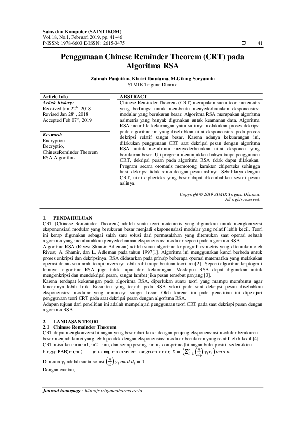 (PDF) Penggunaan Chinese Reminder Theorem (CRT) pada Algoritma RSA