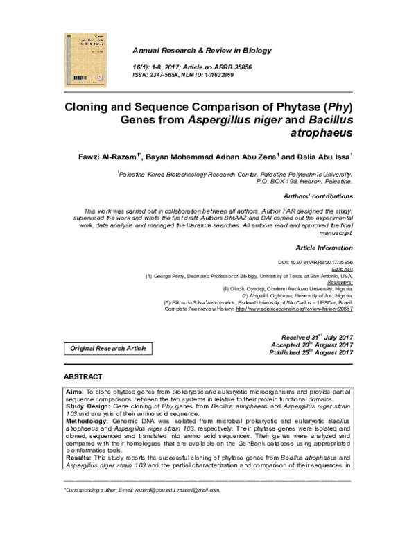 (PDF) Cloning and Sequence Comparison of Phytase (Phy) Genes from ...