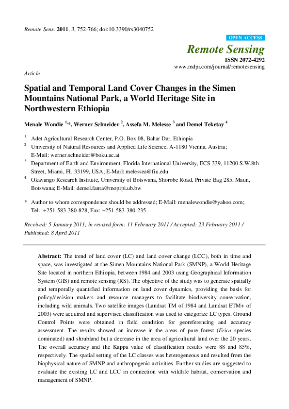 (PDF) Spatial and Temporal Land Cover Changes in the Simen Mountains ...