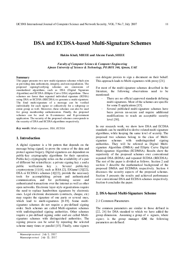 (PDF) DSA and ECDSA-based multi-signature schemes
