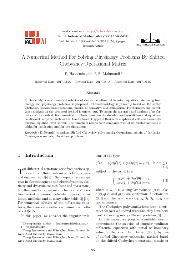 (PDF) A Numerical Method For Solving Physiology Problems By Shifted ...