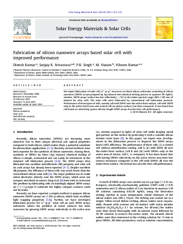 (PDF) Fabrication of silicon nanowire arrays based solar cell with ...