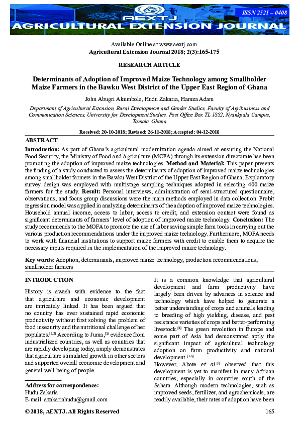 (PDF) Determinants of Adoption of Improved Maize Technology among ...