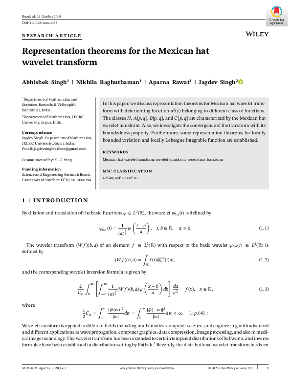 (PDF) Representation theorems for the Mexican hat wavelet transform