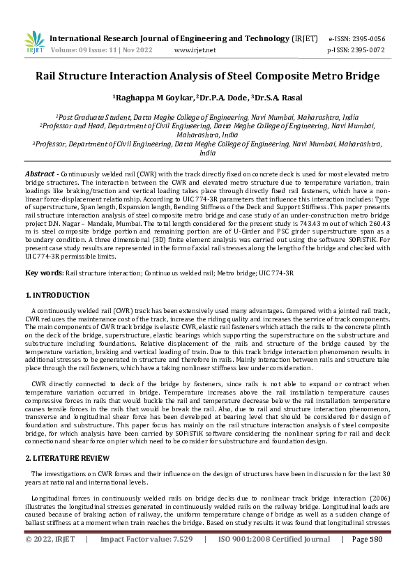Pdf Rail Structure Interaction Analysis Of Steel Composite Metro Bridge