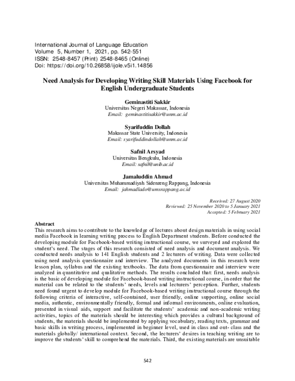 (PDF) Need Analysis for Developing Writing Skill Materials Using ...