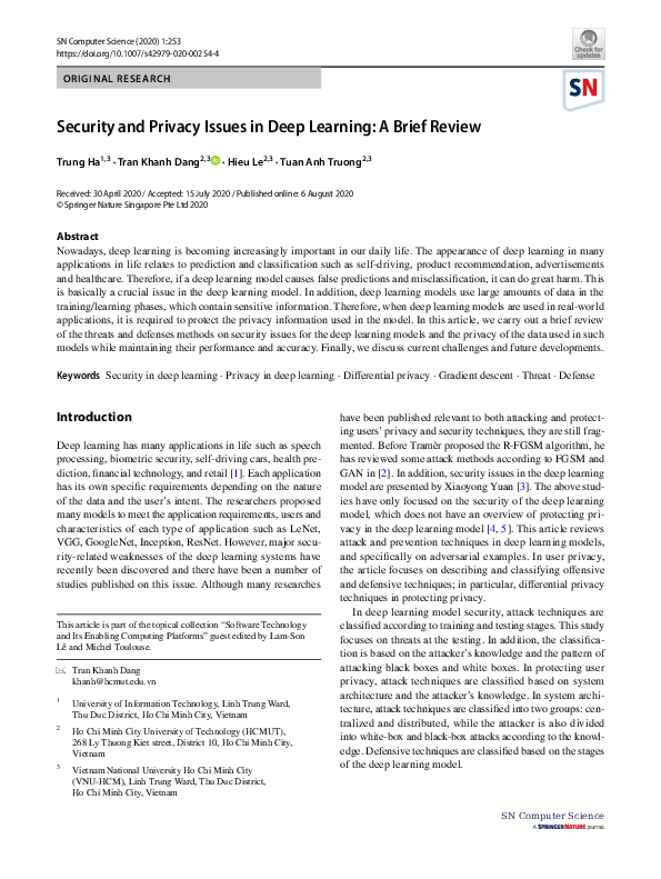 (PDF) Security and Privacy Issues in Deep Learning: A Brief Review