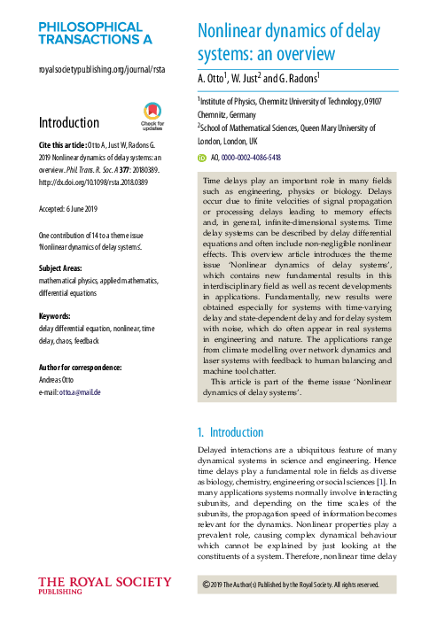 (PDF) Nonlinear dynamics of delay systems: an overview