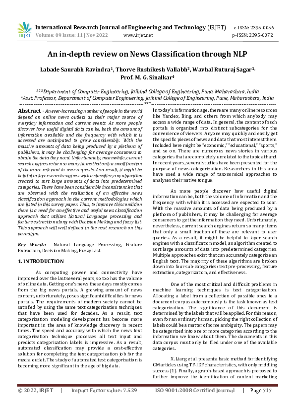 (PDF) An in-depth review on News Classification through NLP