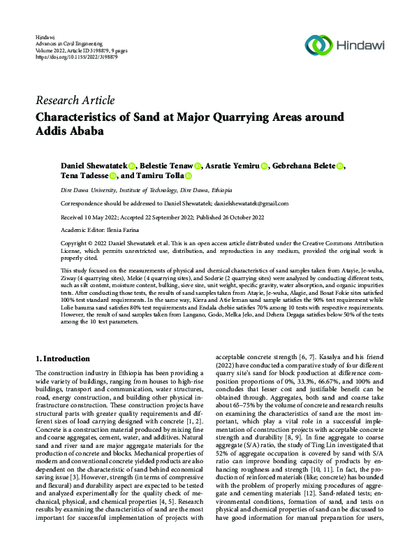 (PDF) Characteristics of Sand at Major Quarrying Areas around Addis Ababa
