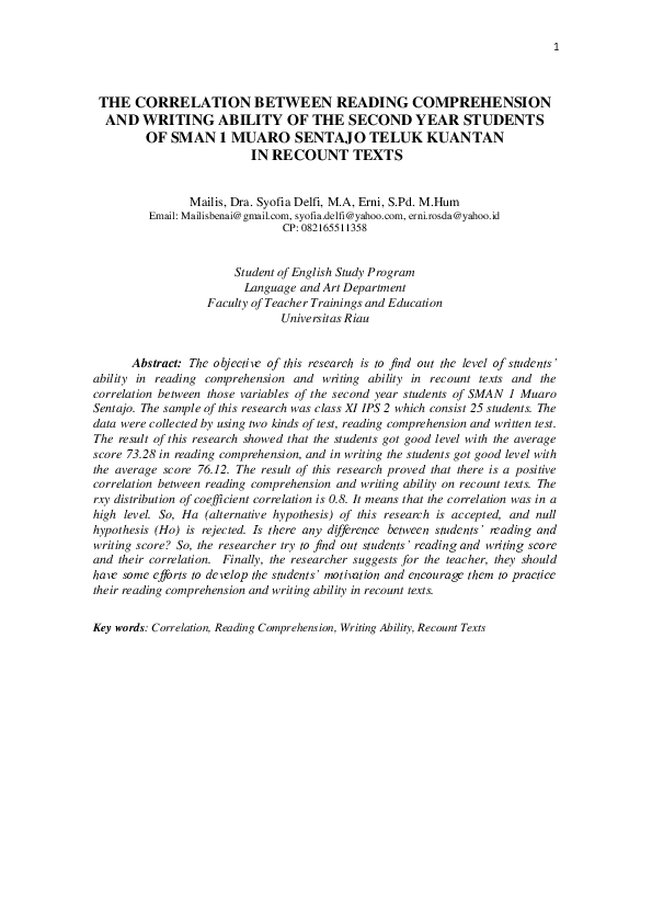 (PDF) The Correlation Between Reading Comprehension and Writing Ability ...