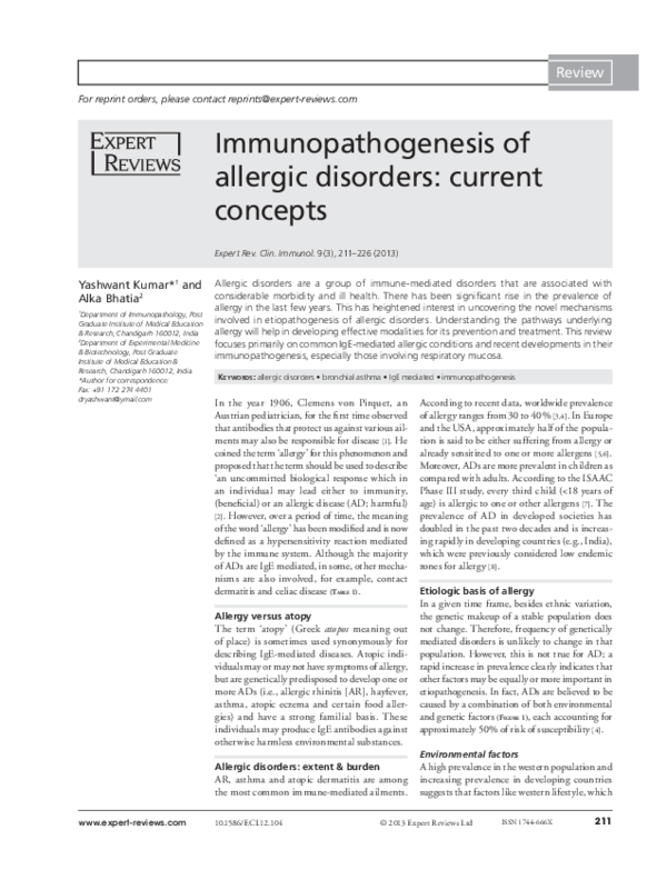(PDF) Immunopathogenesis of allergic disorders: current concepts