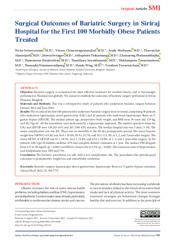 (PDF) Surgical Outcomes of Bariatric Surgery in Siriraj Hospital for ...