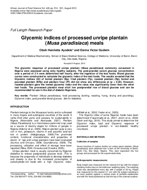 (PDF) Glycemic indices of processed unripe plantain (Musa paradisiaca