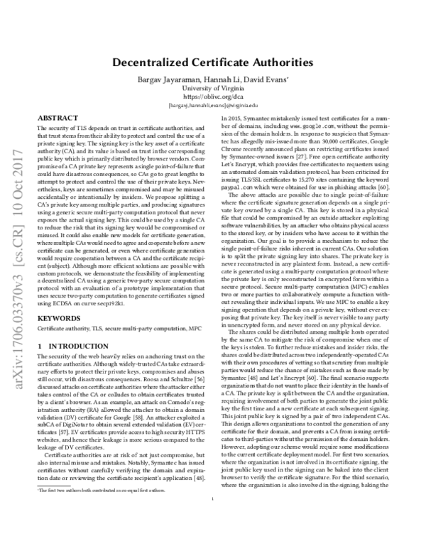 (PDF) Decentralized Certificate Authorities