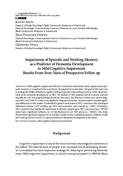 (PDF) Impairment of Episodic and Working Memory as a Predictor of ...