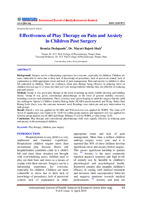(PDF) Effectiveness of Play Therapy on Pain and Anxiety in Children ...