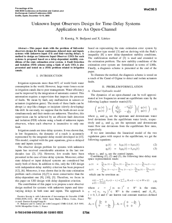 (PDF) Unknown Input Observers Design for Time-Delay Systems Application ...