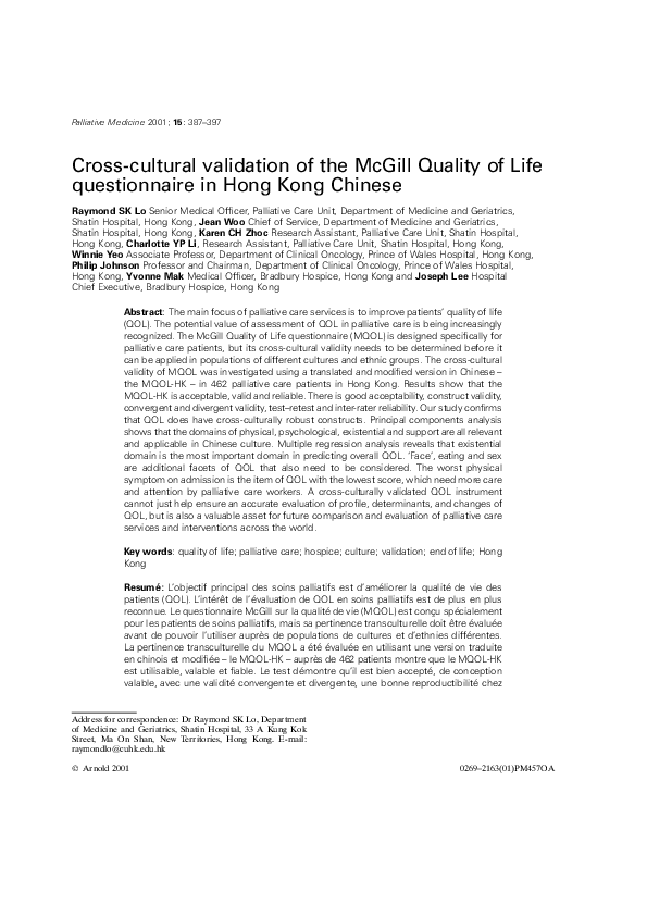 (PDF) Cross-cultural validation of the McGill Quality of Life ...