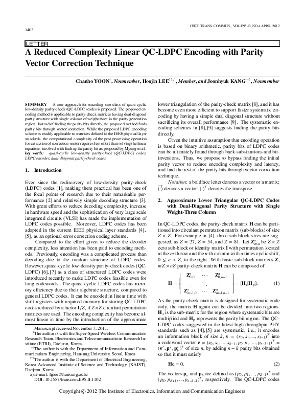 (PDF) A Reduced Complexity Linear QC-LDPC Encoding with Parity Vector ...