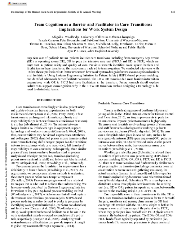 (PDF) Team Cognition as a Barrier and Facilitator in Care Transitions ...