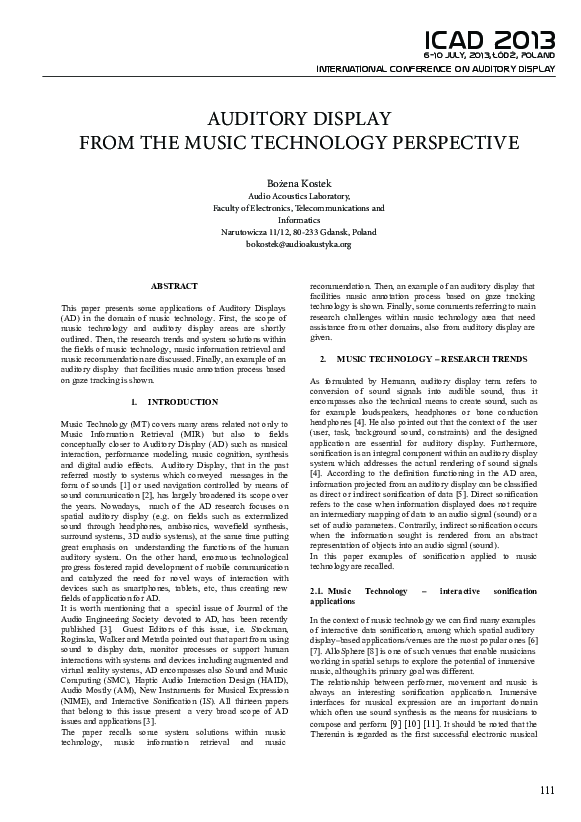 (PDF) ICaD 2013 AUDITORY DISPLAY FROM THE MUSIC TECHNOLOGY PERSPECTIVE