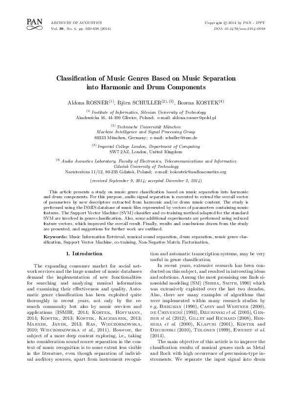 (PDF) Classification of Music Genres Based on Music Separation into