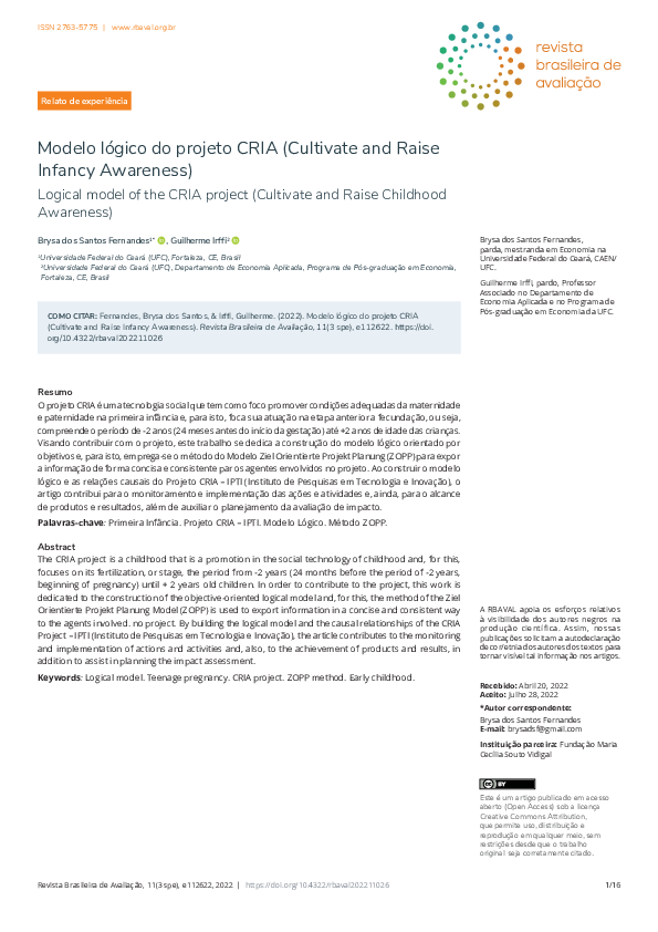 (PDF) Modelo lógico do projeto CRIA (Cultivate and Raise Infancy Awareness