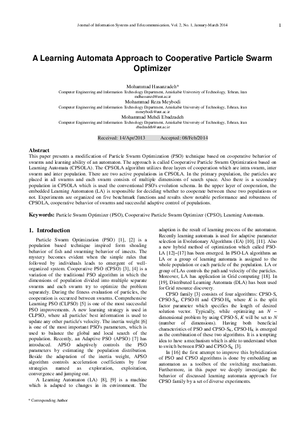 (PDF) A Learning Automata Approach to Cooperative Particle Swarm Optimizer