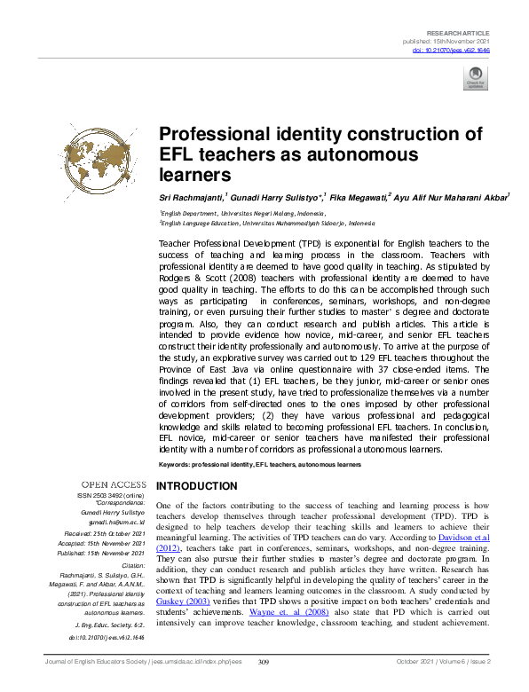(PDF) Professional identity construction of EFL teachers as autonomous ...