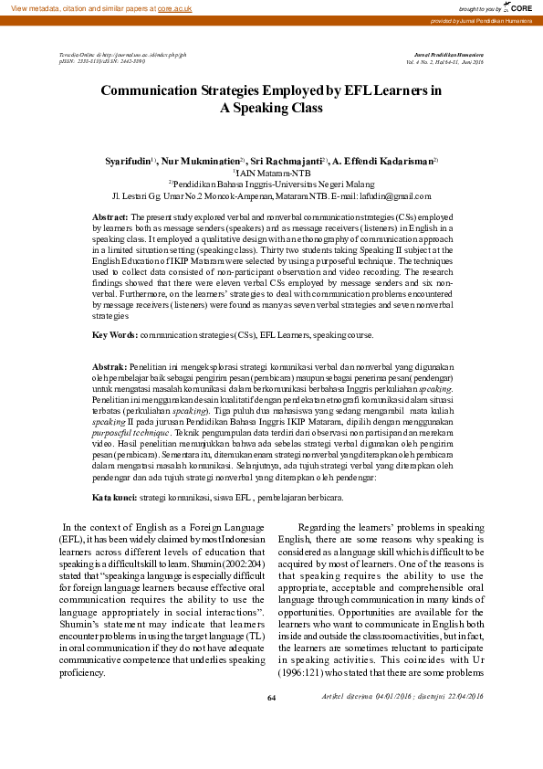 (PDF) Communication Strategies Employed by EFL Learners in A Speaking Class