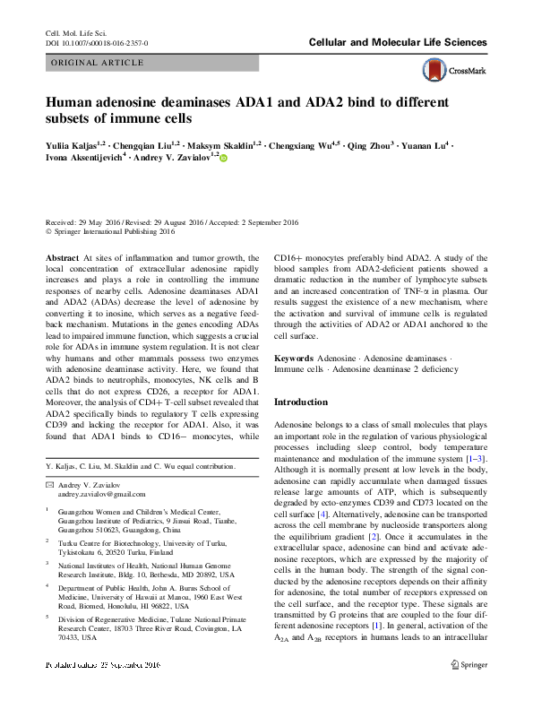 (PDF) Human adenosine deaminases ADA1 and ADA2 bind to different ...