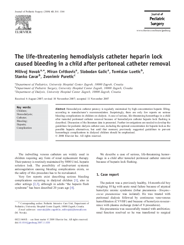 (PDF) The lifethreatening hemodialysis catheter heparin lock caused