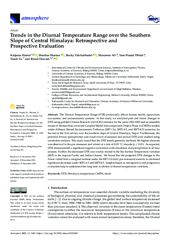 Trends in the Diurnal Temperature Range over the Southern Slope of Central Himalaya: Retrospective and Prospective Evaluation