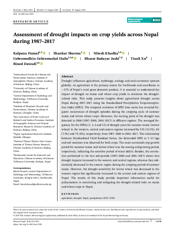 (PDF) Assessment of drought impacts on crop yields across Nepal during ...