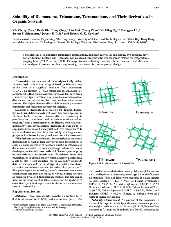 (PDF) Solubility of Diamantane, Trimantane, Tetramantane, and Their ...