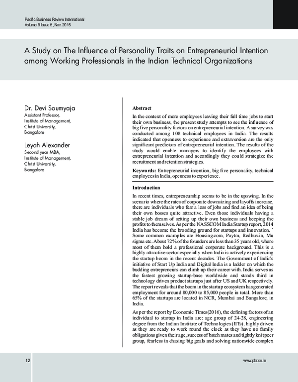 (PDF) A Study on The Influence of Personality Traits on Entrepreneurial ...
