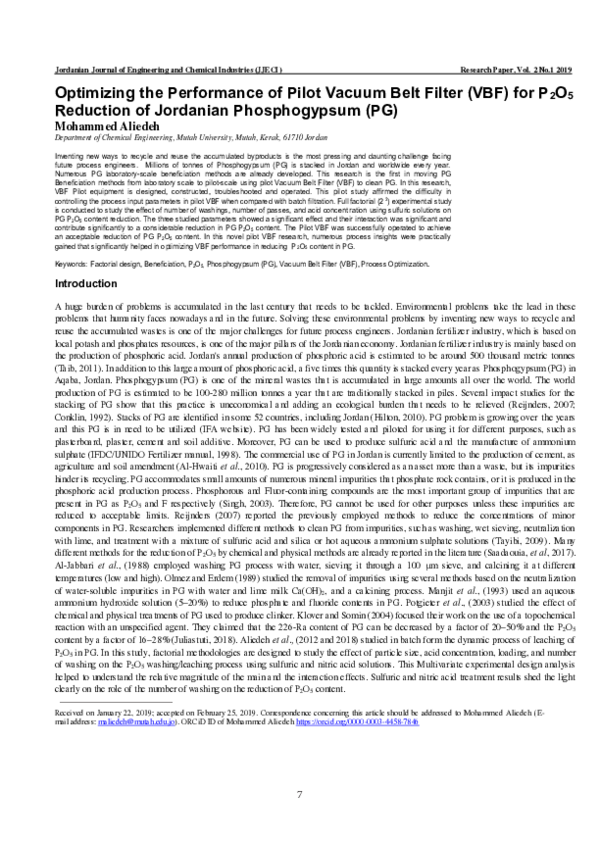 (PDF) Optimizing the Performance of Pilot Vacuum Belt Filter (VBF) for ...