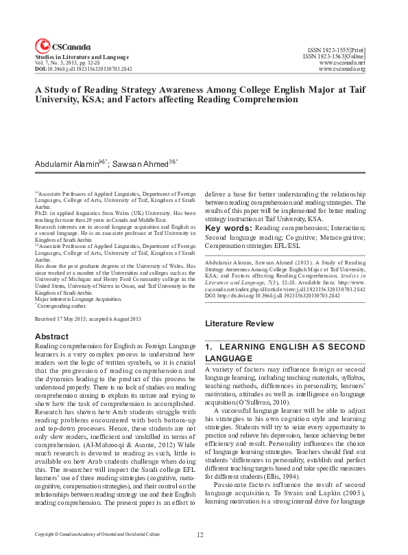 (PDF) A Study of Reading Strategy Awareness Among College English Major ...