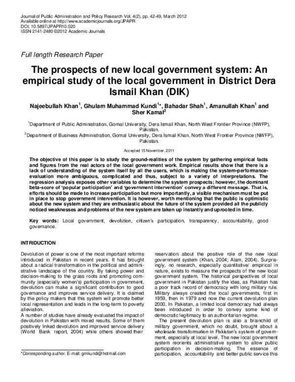(PDF) The prospects of new local government system: An empirical study ...