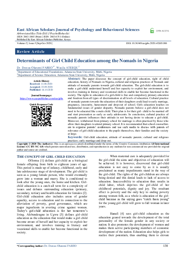 (PDF) Determinants of Girl Child Education among the Nomads in Nigeria