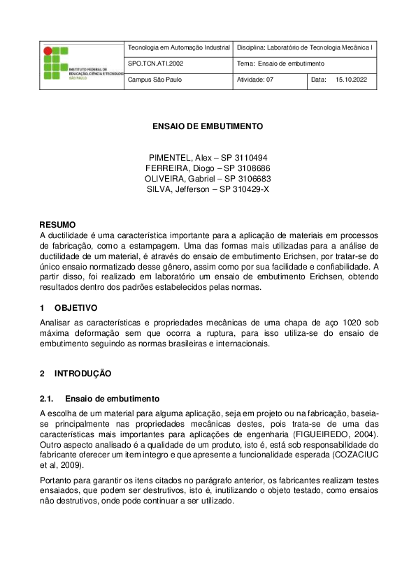 (PDF) Relatório Ensaio Embutimento