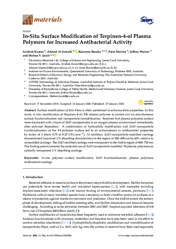 (PDF) In-Situ Surface Modification of Terpinen-4-ol Plasma Polymers for ...