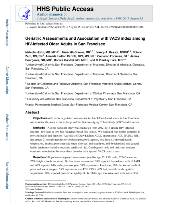 (PDF) Geriatric Assessments And Association With Vacs Index Among Hiv ...