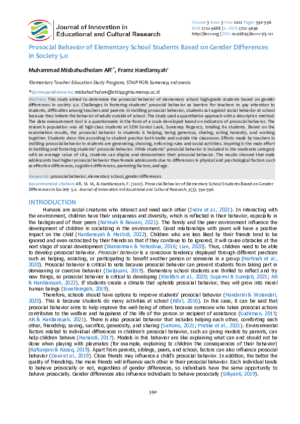 (PDF) Prosocial Behavior of Elementary School Students Based on Gender ...