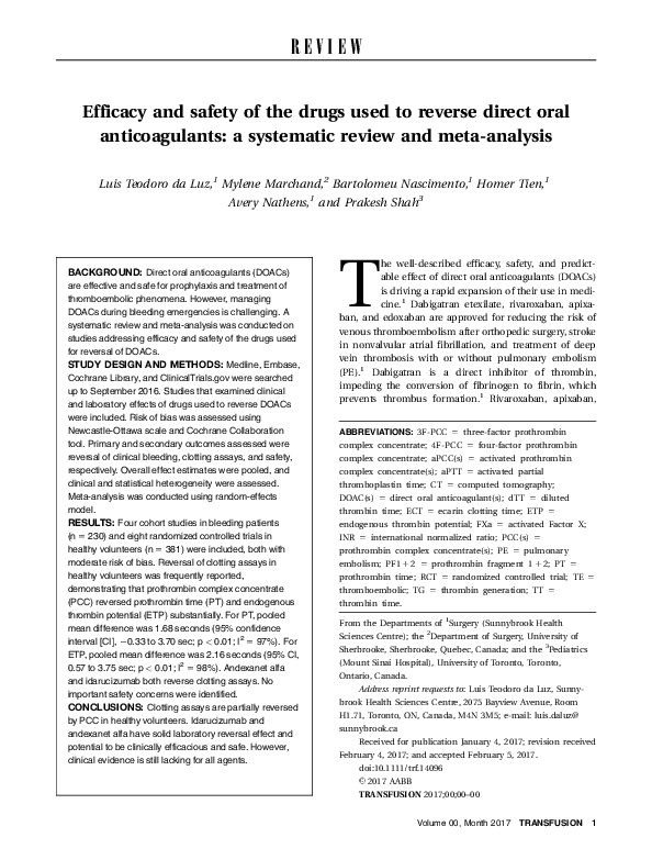(PDF) Efficacy and safety of the drugs used to reverse direct oral ...